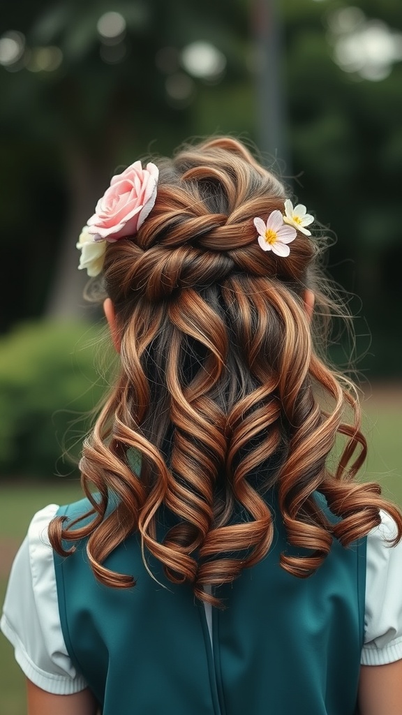 A girl with a curly half-up hairstyle featuring flowers