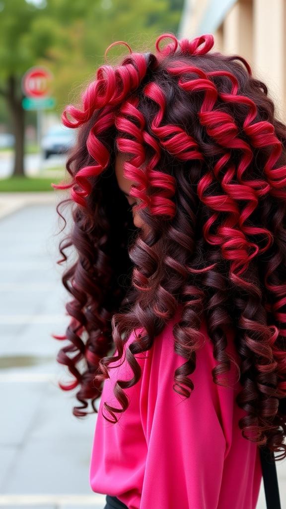 A woman with curly half up half down hairstyle, featuring vibrant red and burgundy colors.