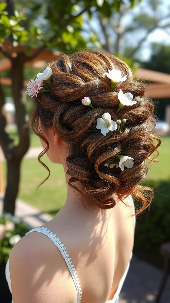 A woman with a curly half updo hairstyle accented with small white and pink flowers.