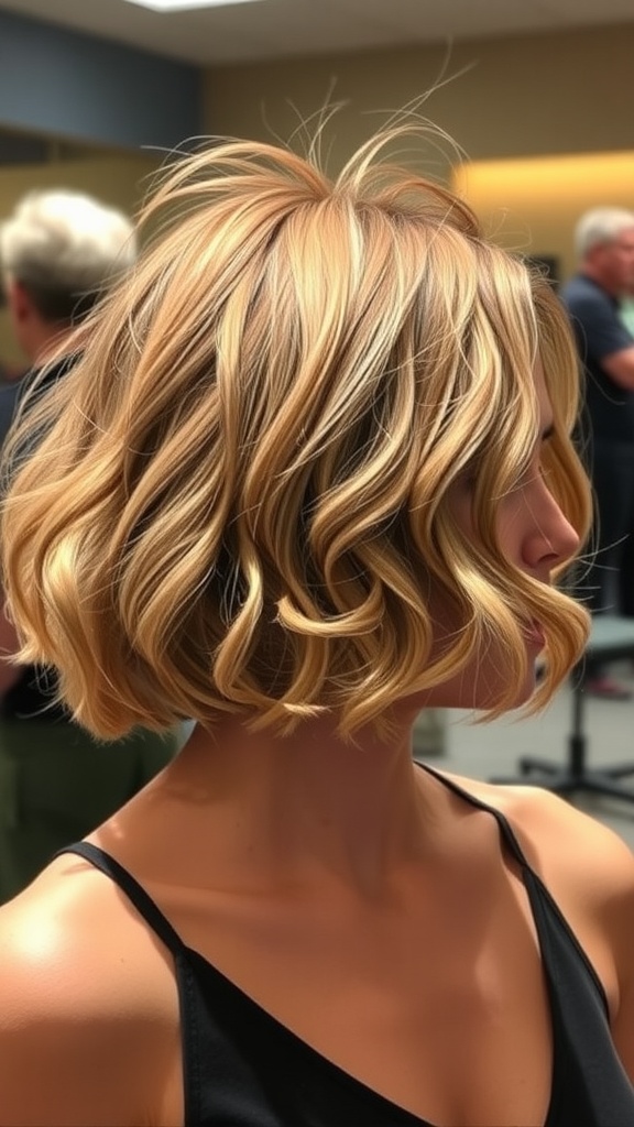A stylish curly layered bob hairstyle with soft curls and layers, giving it a lively and textured appearance.