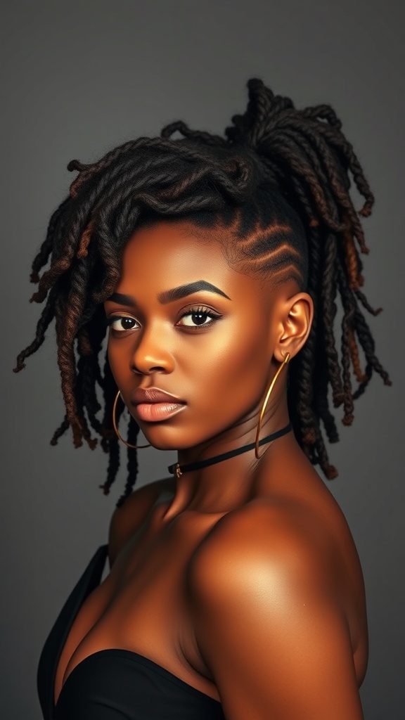 A person with curly locs styled in a high ponytail, featuring an undercut and wearing hoop earrings.