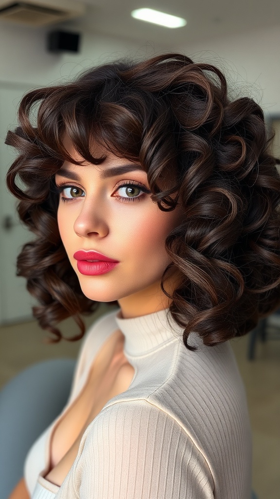 A woman with curly long bob hairstyle, showcasing soft and voluminous curls.