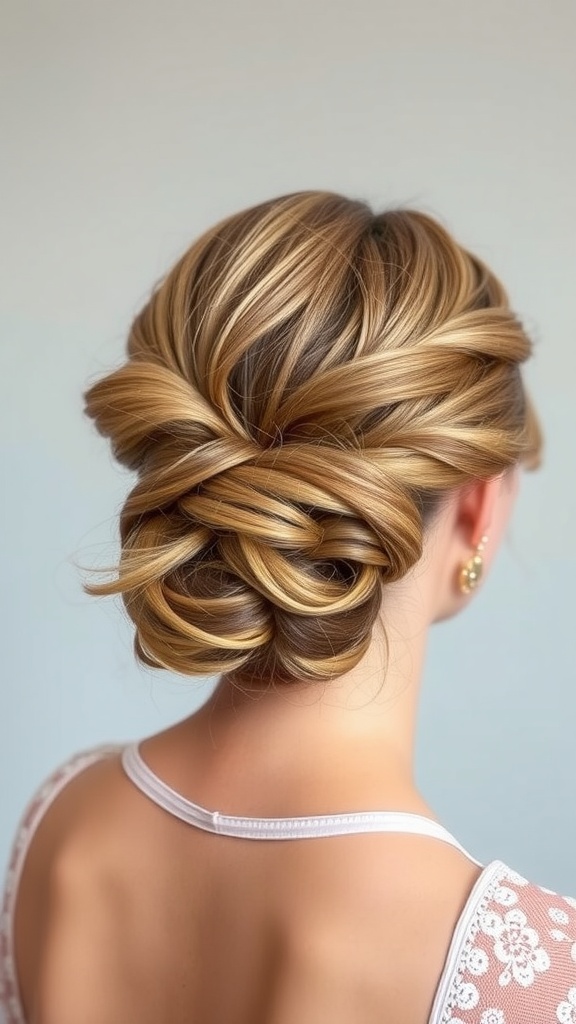 A stylish curly low chignon hairstyle, featuring twisted hair forming a bun at the nape of the neck, with soft curls framing the face.