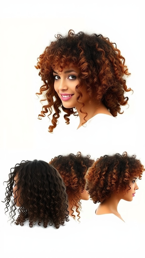 A collage of curly mullet hairstyles showcasing different angles and colors.