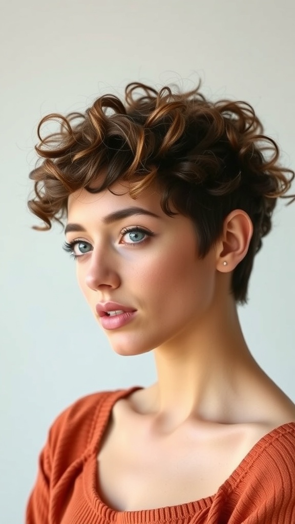 A model with a curly pixie hairstyle, showcasing playful curls and a fresh look.
