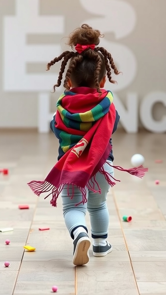 A toddler with a curly ponytail tied with a scarf, wearing a colorful hoodie and playing
