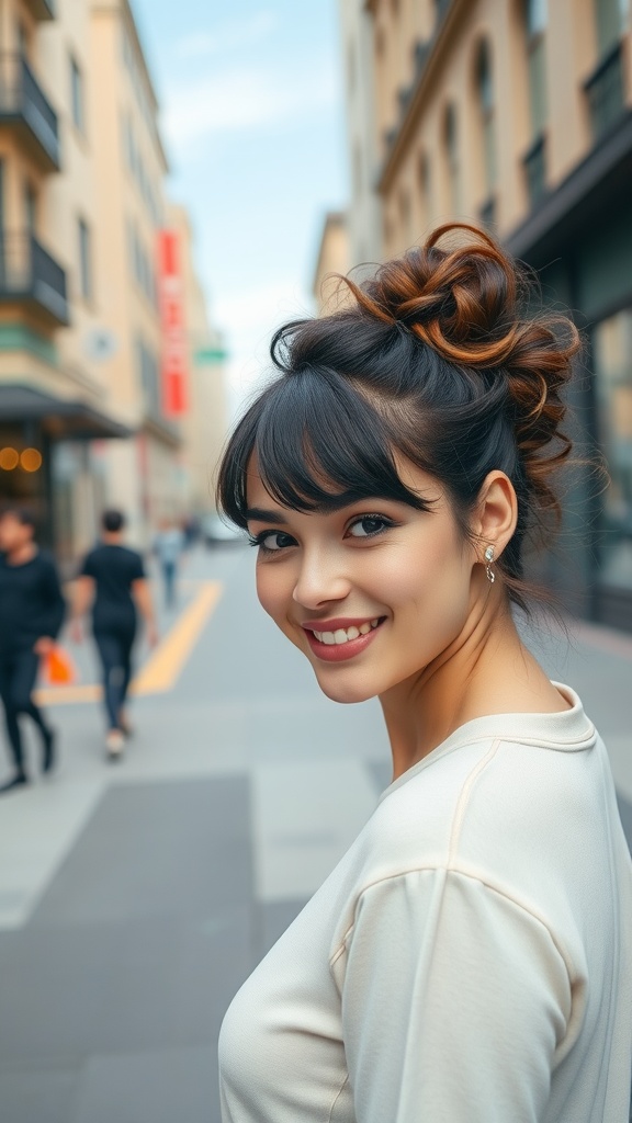 A woman with a curly ponytail and bangs, smiling in a city street.
