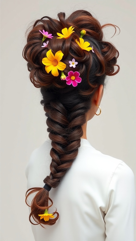 Image of a curly ponytail with a braided base adorned with colorful flowers.
