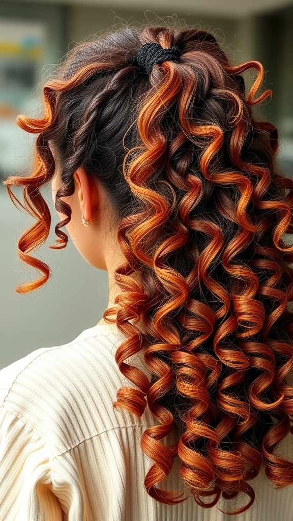 Curly quick weave ponytail hairstyle with vibrant colors and volume