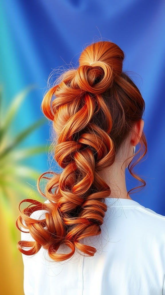 A woman with a curly red ponytail and bangs, showcasing a vibrant hairstyle.