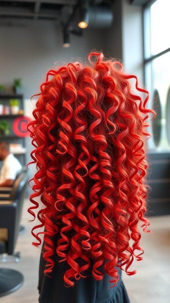 A back view of a person with vibrant curly red quick weave hairstyle, showcasing bouncy, defined curls.