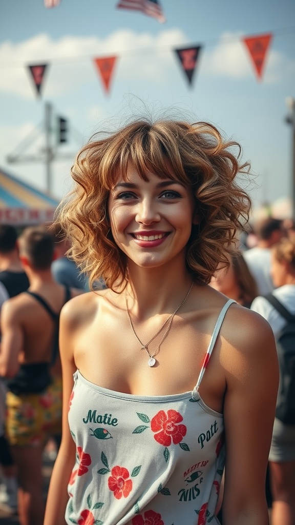 A woman with a curly shag hairstyle and bangs, smiling at an outdoor event.