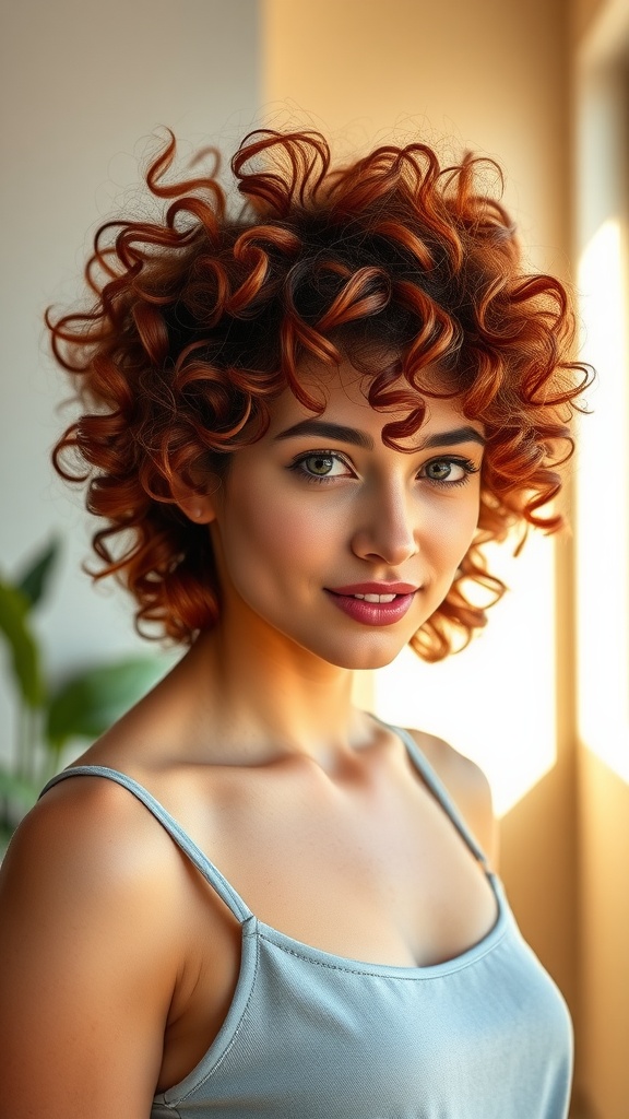 A woman with curly shoulder-length shag hairstyle, showcasing vibrant red curls.
