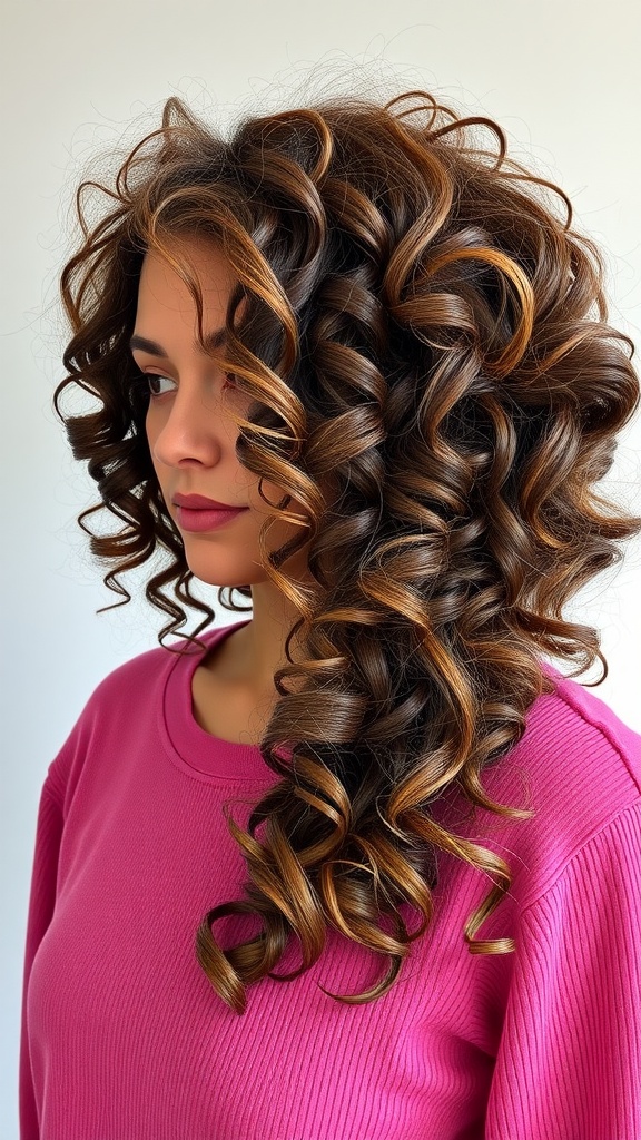 A woman with curly hair styled in a side part, wearing a pink sweater.