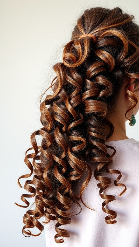 A woman with curly hair styled in a side ponytail, showcasing tight curls cascading down her back.