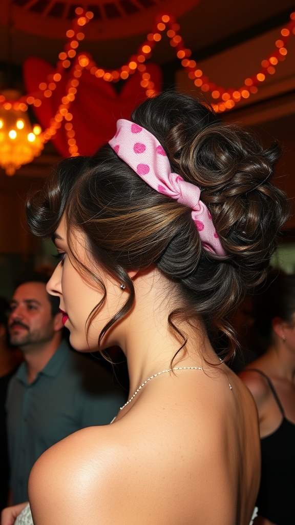 A woman with a curly updo hairstyle adorned with a pink polka-dot hairband, showing off elegant curls and a stylish look.