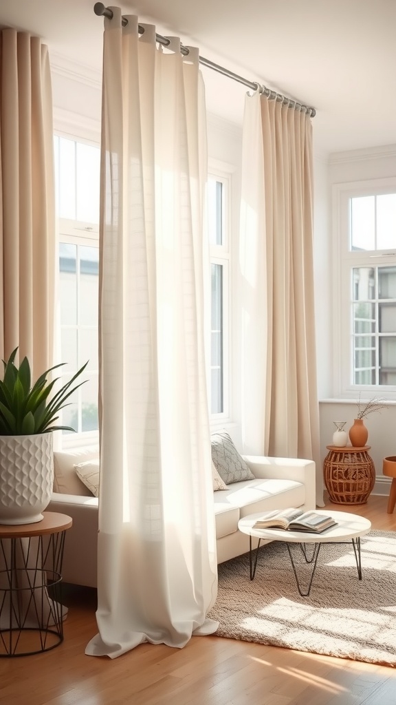 A bright living room with soft, flowing curtains dividing the space, featuring a white sofa, a coffee table, and decorative plants.