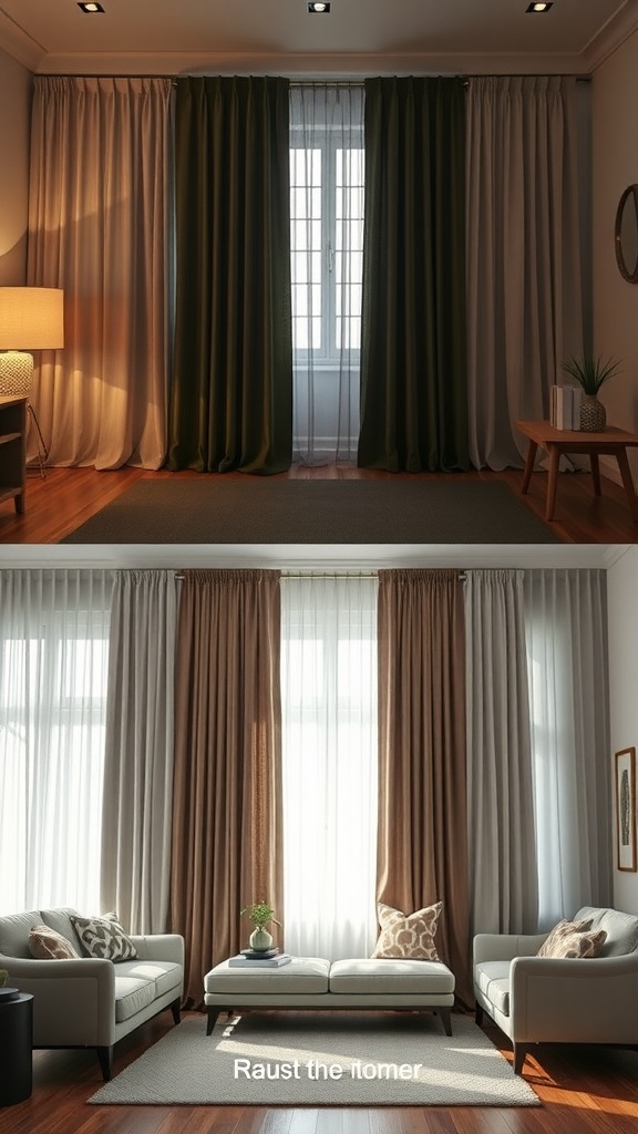 Comparison of two curtain lengths in a modern living room setting