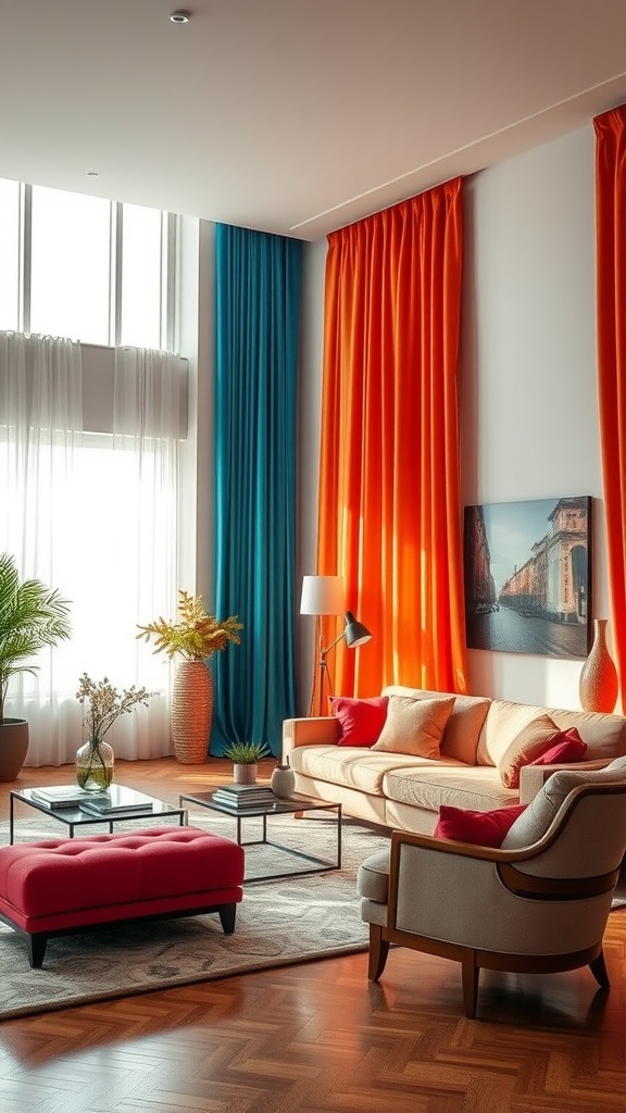 A living room featuring vibrant orange and teal curtains, with a soft beige sofa and red accents.