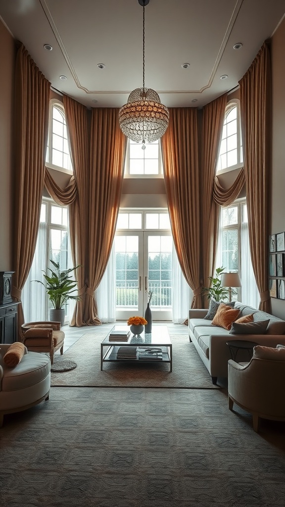 A beautifully decorated living room with large windows, featuring elegant curtains, stylish furniture, and plants.