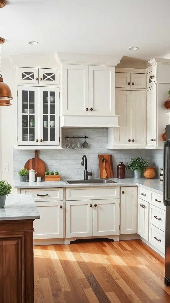 A bright farmhouse kitchen featuring white cabinets, wooden accents, and a cozy atmosphere