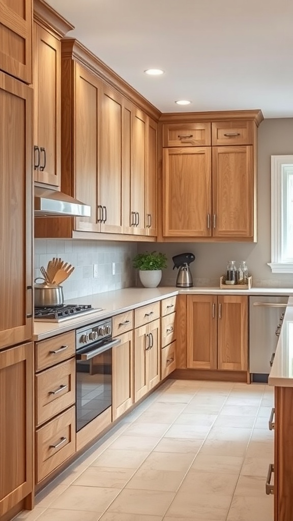 Alder wood kitchen cabinets with a warm finish and modern appliances