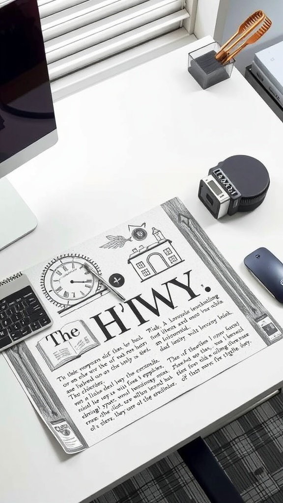 A stylish desk mat with artistic design on a white desk with a computer and office supplies.