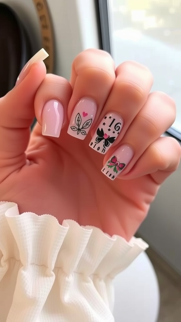 A close-up of short square acrylic nails featuring pink and black custom designs, including butterflies and floral art.
