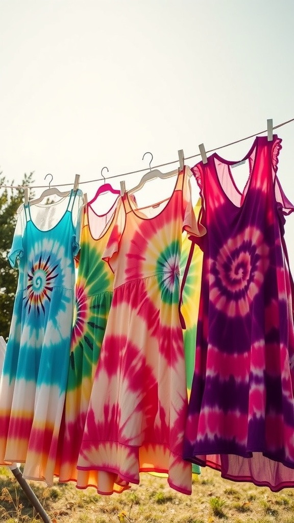 A collection of colorful tie-dye dresses hanging on a clothesline.