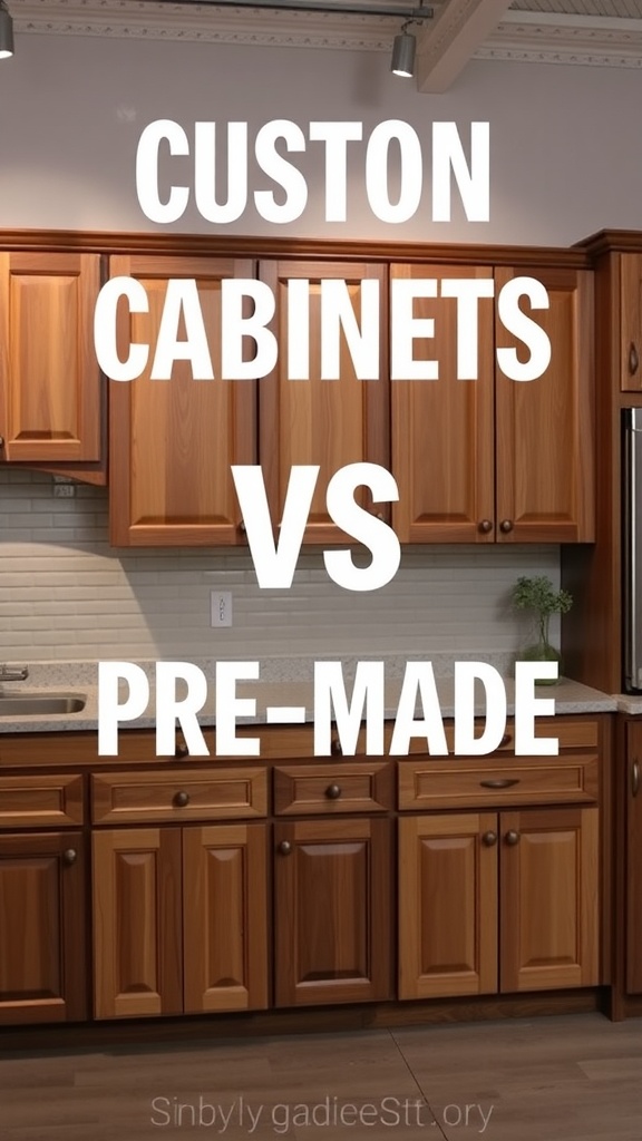A kitchen showcasing wood cabinets with the text 'Custom Cabinets vs Pre-Made' overlayed.