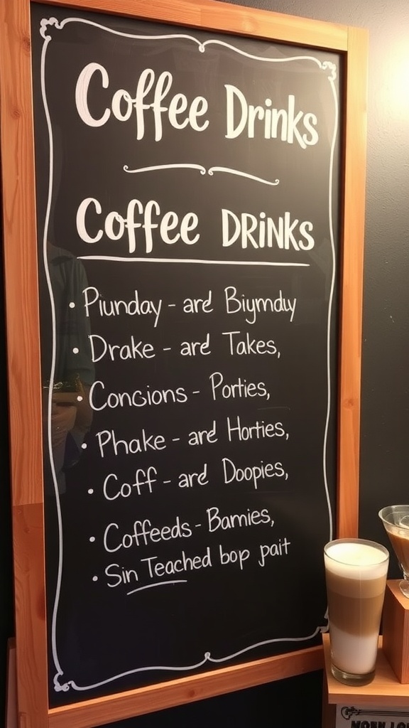 A chalkboard displaying a customizable coffee drink menu with unique names.