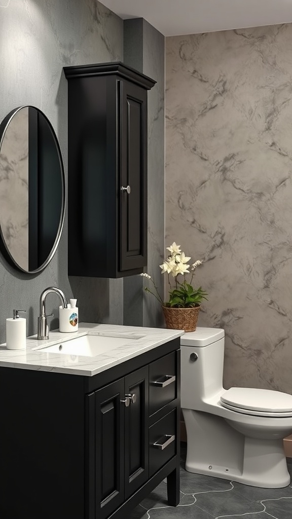 A stylish black bathroom vanity featuring a marble countertop, round mirror, and a potted plant, showcasing a modern design.