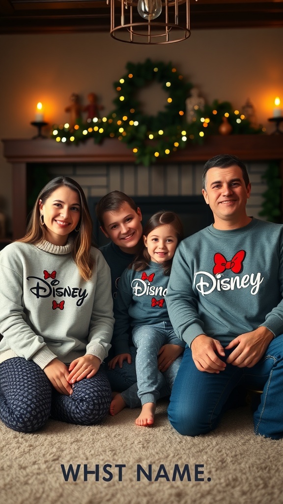 A family of four wearing matching Disney sweatshirts, sitting together in a cozy setting with holiday decorations.