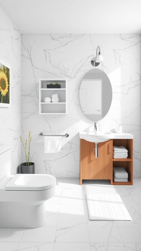 Modern Jack and Jill bathroom with minimalist design featuring white marble walls, wooden cabinets, and bright lighting.
