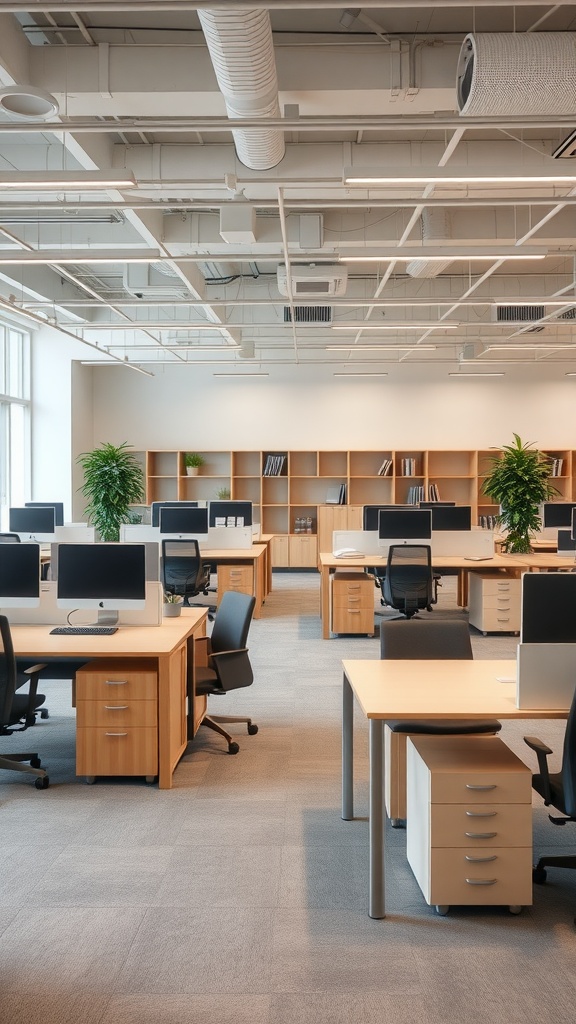 A modern office space featuring customizable modular furniture with desks, chairs, and storage.