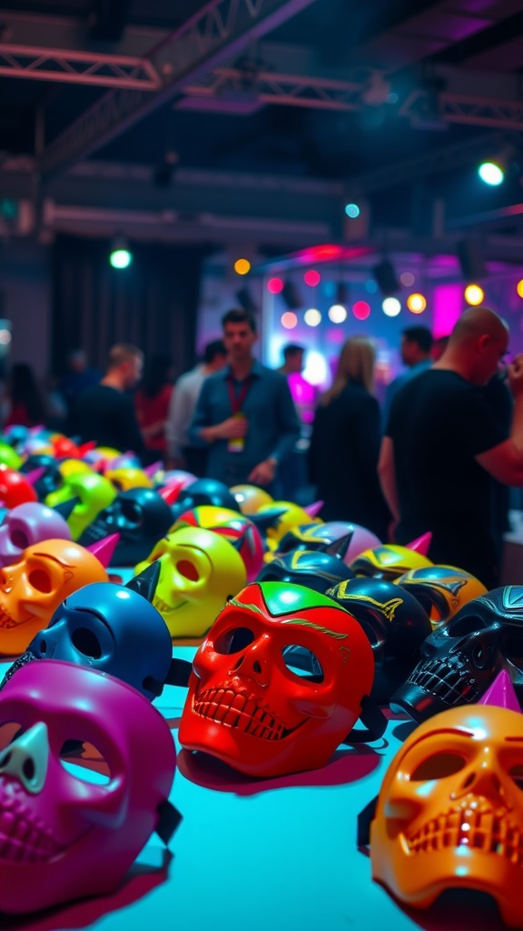 A colorful display of customizable rave masks, featuring various designs and colors, set against a vibrant backdrop.