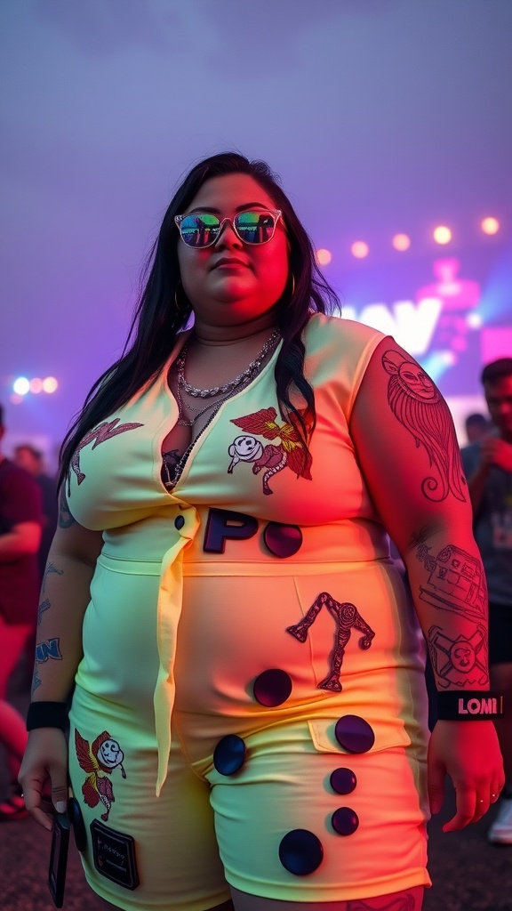 A plus-size individual wearing a bright yellow romper with patches at a rave, showcasing a confident style.