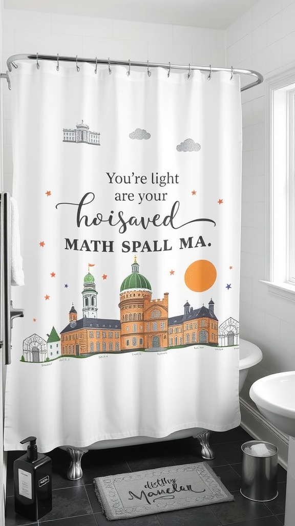 A customizable shower curtain featuring a playful design with colorful architectural elements and a whimsical message.