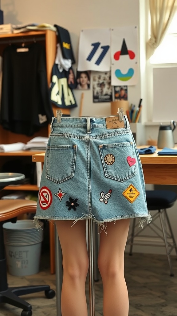 A short denim skirt with various colorful patches displayed in a room.