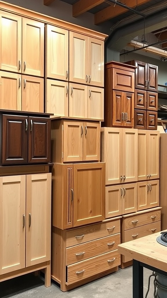 A display of maple kitchen cabinets in various finishes and styles.