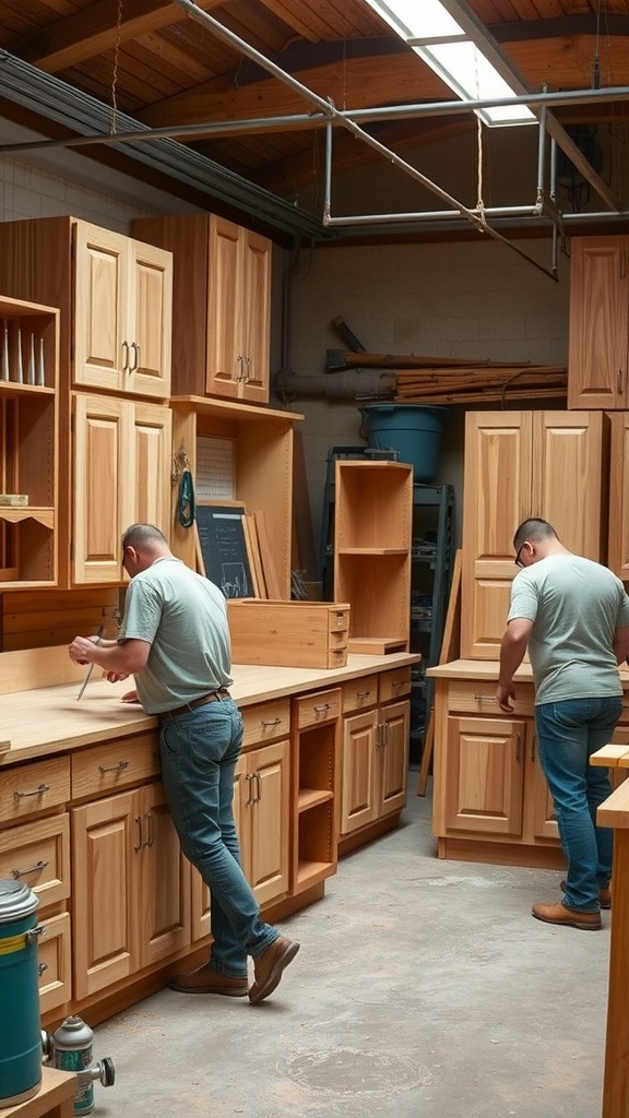 Craftsmen working on white oak kitchen cabinets in a workshop.