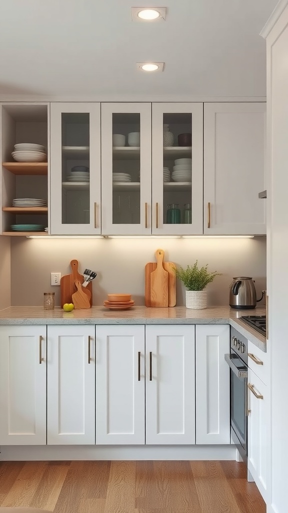 Modern small kitchen with customized cabinets and open shelving