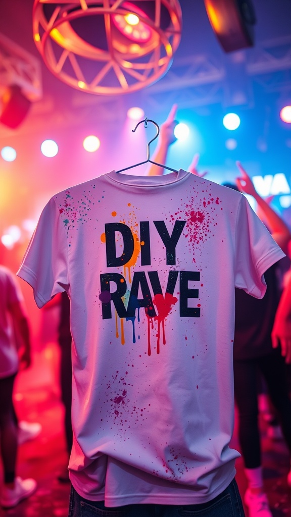 A white t-shirt hanging with colorful 'DIY RAVE' text, set against a lively background.