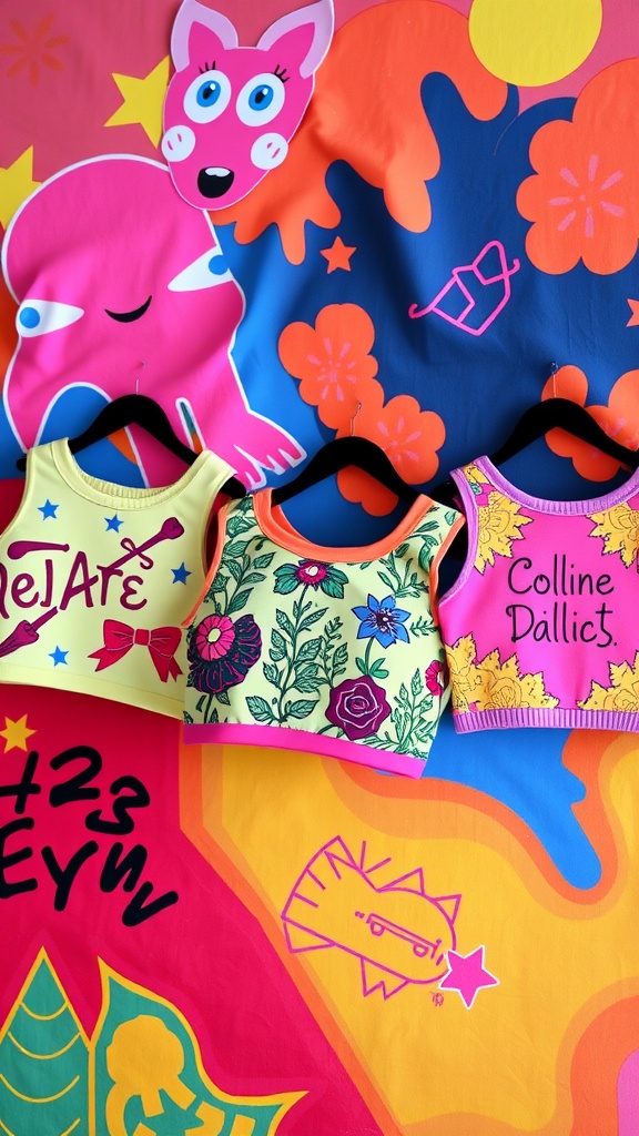 Three customized neon crop tops displayed against a colorful, patterned background.