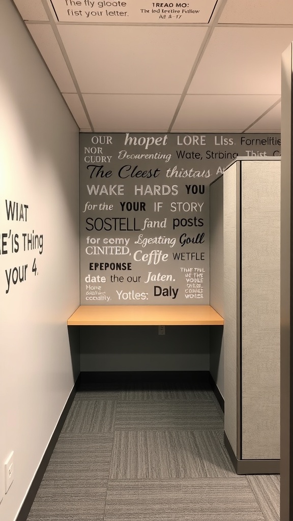 A cubicle corner with a wall covered in various quotes and sayings, creating an inspiring work environment.
