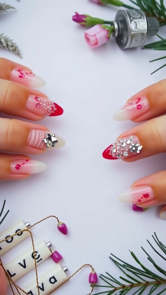 Acrylic nails with red tips and clear designs, featuring sparkly embellishments and a star charm.