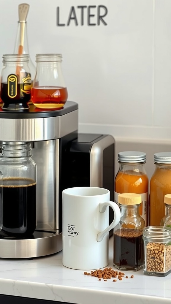 A modern coffee station with a coffee maker, a white mug, and various jars for flavoring.