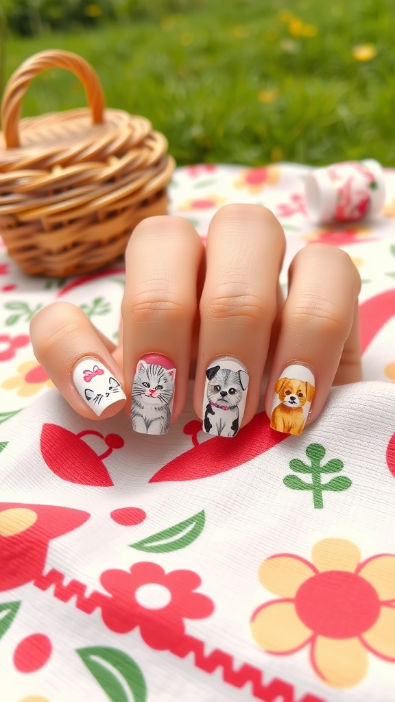 Close-up of nails featuring cute animal designs on a colorful floral background.