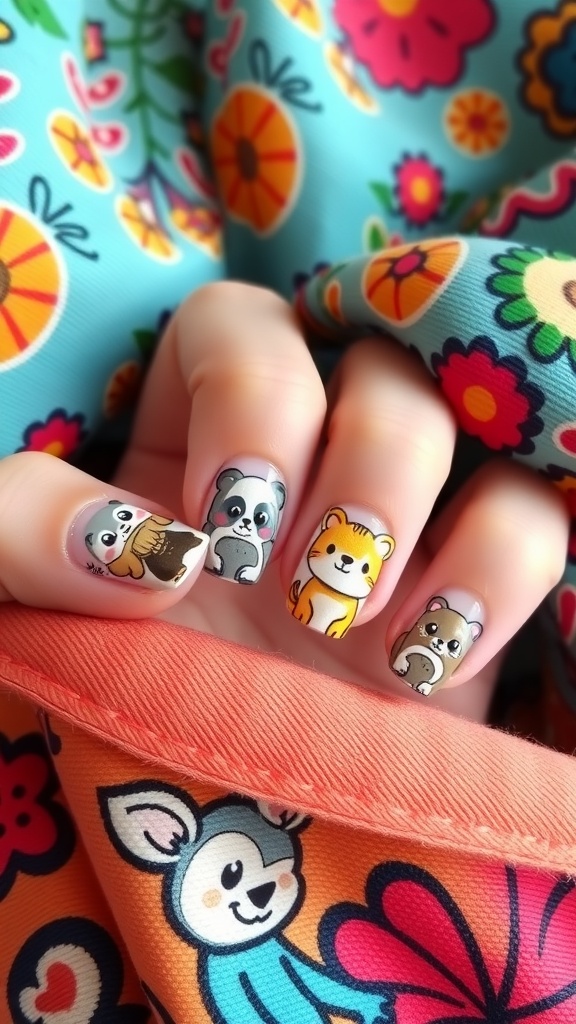 A set of cute animal nail designs featuring a panda, cat, bear, and other playful characters against a colorful floral background.
