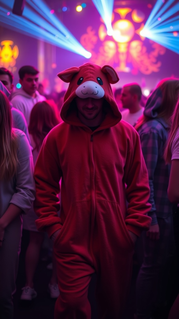 A person in a red animal onesie with a hood featuring a cute face, surrounded by people at a rave.